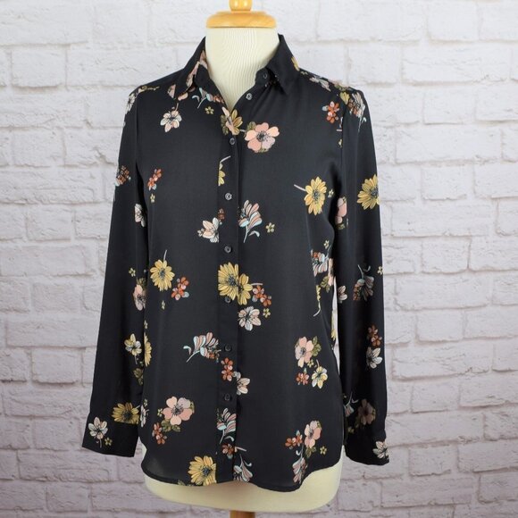 Who What Wear Black Floral Button-Down Top Blouse - Picture 3 of 11